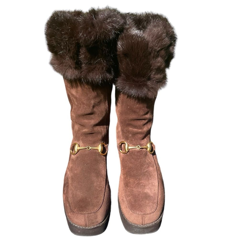 GUCCI Horsebit Gold Accent Boots Brown Suede Fur Cuff And Lined Platform Size 5